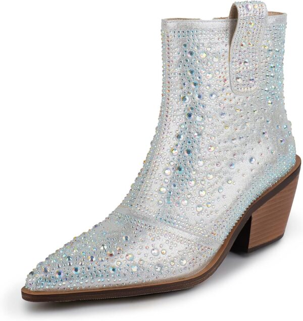 ISNOM Rhinestone Cowboy Boots Sparkly Ankle Boots with Pointed Toe and Chunky Heel Design