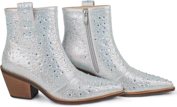 ISNOM Rhinestone Cowboy Boots Sparkly Ankle Boots with Pointed Toe and Chunky Heel Design