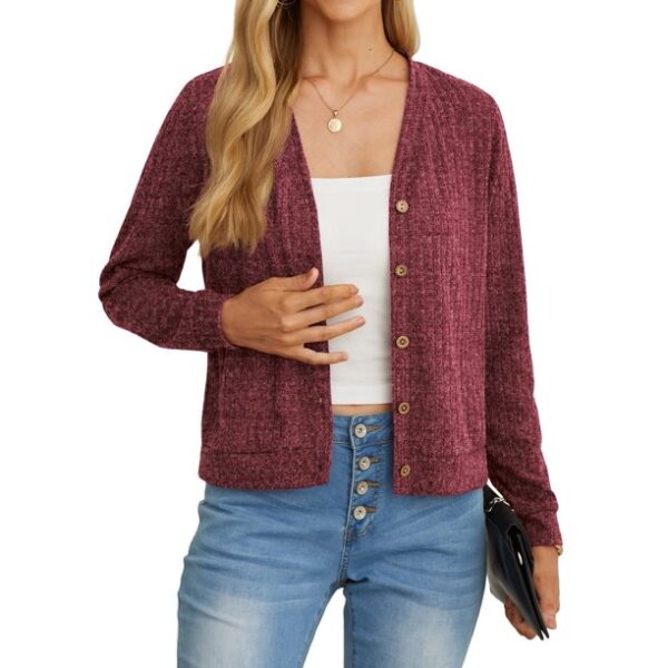 JWD Burgundy Women's Fashionable Cropped cardigan Button up Long Sleeve Folded Sweater Coat with Pocket