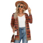 JWD Burgundy Women's Fashionable Cropped cardigan Button up Long Sleeve Folded Sweater Coat with Pocket