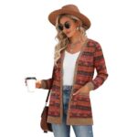 JWD Burgundy Women's Fashionable Cropped cardigan Button up Long Sleeve Folded Sweater Coat with Pocket