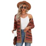 JWD Burgundy Women's Fashionable Cropped cardigan Button up Long Sleeve Folded Sweater Coat with Pocket