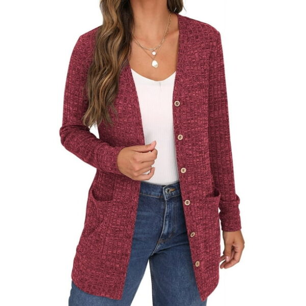 JWD Burgundy Women's Fashionable Cropped cardigan Button up Long Sleeve Folded Sweater Coat with Pocket