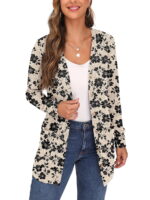 JWD Open Front Cardigan for Women Button Down Long Sleeve Draped Sweater Outerwear with Pocket Khaki Black Flower S