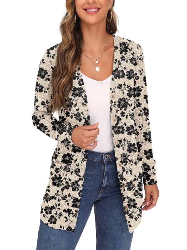 JWD Open Front Cardigan for Women Button Down Long Sleeve Draped Sweater Outerwear with Pocket Khaki Black Flower S