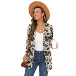 JWD Open Front Cardigan for Women Button Down Long Sleeve Draped Sweater Outerwear with Pocket Khaki Black Flower S