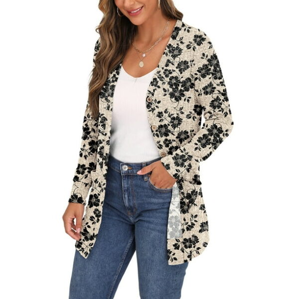 JWD Open Front Cardigan for Women Button Down Long Sleeve Draped Sweater Outerwear with Pocket Khaki Black Flower S