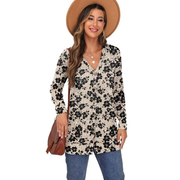 JWD Open Front Cardigan for Women Button Down Long Sleeve Draped Sweater Outerwear with Pocket Khaki Black Flower S