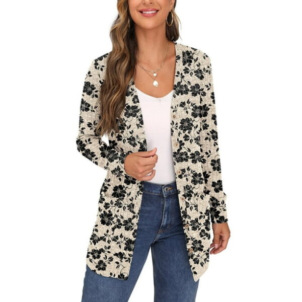 JWD Open Front Cardigan for Women Button Down Long Sleeve Draped Sweater Outerwear with Pocket Khaki Black Flower S