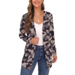 JWD Open Front Cardigan for Women Button Down Long Sleeve Draped Sweater Outerwear with Pocket Black Palm Leaf 2XL