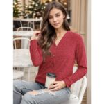 JWD Women's Fashionable Cropped Lightweight Long Sleeve Button Front Open Rib Knitted Pocket Casual Open Fleece Sweater