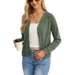 JWD women's fashionable cropped long sleeved cardigan button V-neck ribbed knitted lightweight jacket with pockets