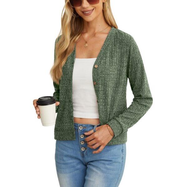 JWD women's fashionable cropped long sleeved cardigan button V-neck ribbed knitted lightweight jacket with pockets