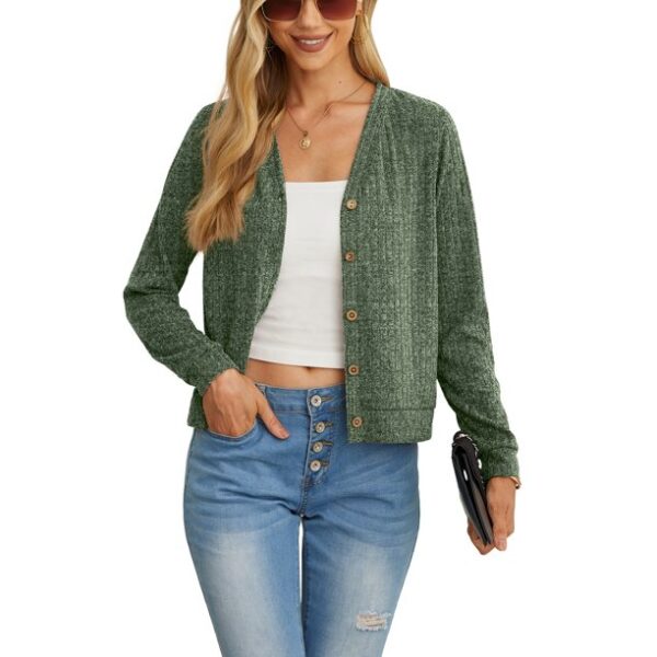 JWD women's fashionable cropped long sleeved cardigan button V-neck ribbed knitted lightweight jacket with pockets