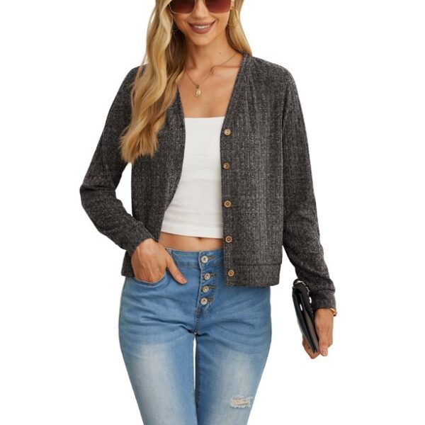 JWD women's fashionable cropped long sleeved cardigan lightweight button down V-neck ribbed knit sweater jacket with pockets