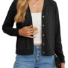 JWD women's fashionable ropped black cardigan, button up long sleeved sweater with pockets