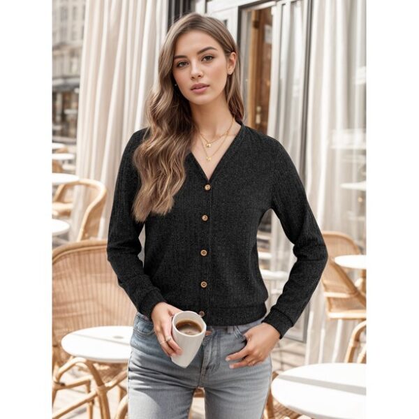 JWD women's fashionable ropped black cardigan, button up long sleeved sweater with pockets