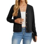 JWD women's fashionable ropped black cardigan, button up long sleeved sweater with pockets