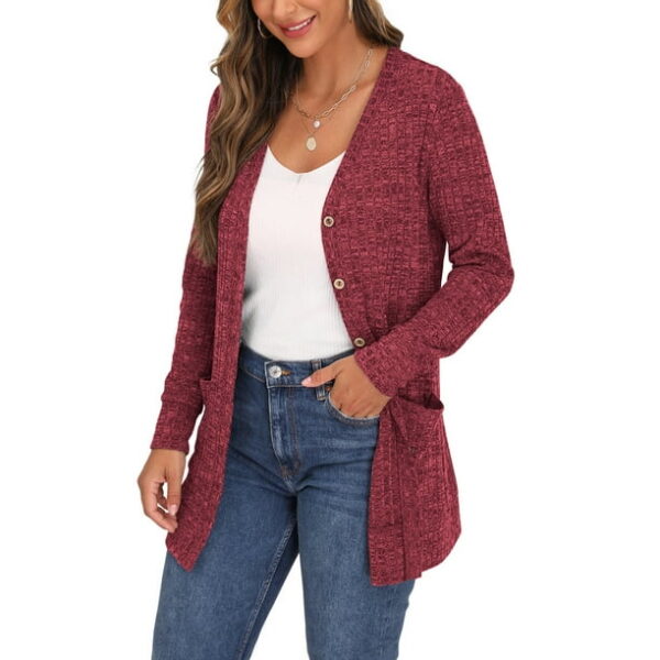 JWD Women's Lightweight Long Sleeve Button Down Open Front Ribbed Knit Pocket Casual Cardigan