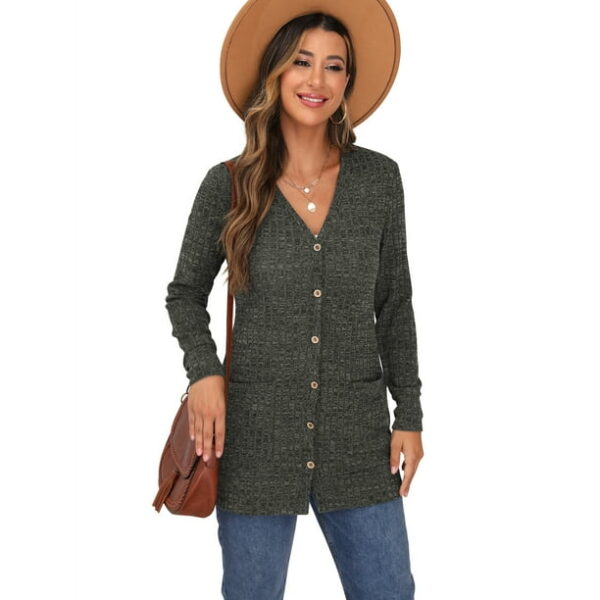 JWD Women's Long Sleeve Open Front Cardigan Button Down Vee Neck Ribbed Knit Lightweight Outerwear with Pocket