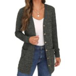 JWD Women's Long Sleeve Open Front Cardigan Button Down Vee Neck Ribbed Knit Lightweight Outerwear with Pocket