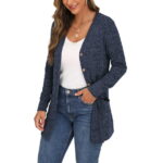 JWD Women's Long Sleeve Open Front Cardigan Button Down Vee Neck Ribbed Knit Lightweight Outerwear with Pocket