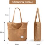 KALIDI Corduroy Tote Bag for Women Large Zipper Shoulder Handbag Casual Hobo Bag Purse with Front Pockets