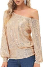 KANCY KOLE Sequin One Shoulder Sparkly Long Sleeve Tops for Holiday Evening Party Club Night