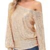 KANCY KOLE Sequin One Shoulder Sparkly Long Sleeve Tops for Holiday Evening Party Club Night