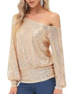 KANCY KOLE Sequin One Shoulder Sparkly Long Sleeve Tops for Holiday Evening Party Club Night