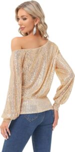 KANCY KOLE Sequin One Shoulder Sparkly Long Sleeve Tops for Holiday Evening Party Club Night