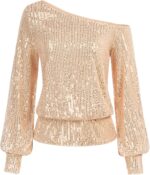 KANCY KOLE Sequin One Shoulder Sparkly Long Sleeve Tops for Holiday Evening Party Club Night