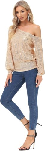 KANCY KOLE Sequin One Shoulder Sparkly Long Sleeve Tops for Holiday Evening Party Club Night