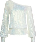 KANCY KOLE Sequin One Shoulder Sparkly Long Sleeve Tops for Holiday Evening Party Club Night