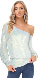 KANCY KOLE Sequin One Shoulder Sparkly Long Sleeve Tops for Holiday Evening Party Club Night