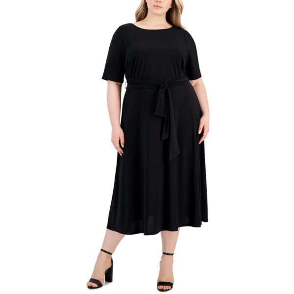 Kasper Womens Black Belted Middi Solid Fit & Flare Dress Plus 16W BHFO 3947