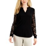 Kasper Womens Black Lace Sleeves Shirt Pullover Top Blouse Petites PM BHFO 4253