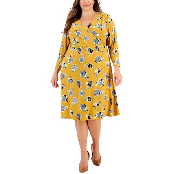 Kasper Womens Yellow Floral Print Fit & Flare Dress Plus 3X BHFO 0097