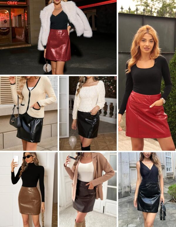 Kate Kasin Women Faux Leather Mini Skirt High Waisted Bodycon Mini Pencil Skirt with Pocket