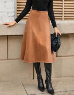 Kate Kasin Women's Suede Midi Skirt 2024 Fall Winter High Waist A Line Skirt