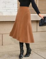 Kate Kasin Women's Suede Midi Skirt 2024 Fall Winter High Waist A Line Skirt