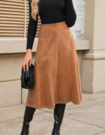 Kate Kasin Women's Suede Midi Skirt 2024 Fall Winter High Waist A Line Skirt