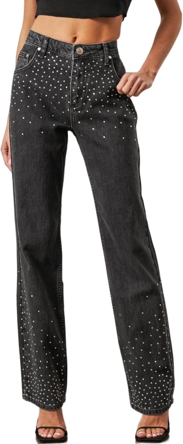 Kedera Womens High Waisted Rhinestone Jeans Straight Wide Leg Bling Denim Pants Black