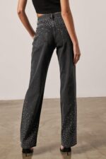 Kedera Womens High Waisted Rhinestone Jeans Straight Wide Leg Bling Denim Pants Black