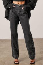 Kedera Womens High Waisted Rhinestone Jeans Straight Wide Leg Bling Denim Pants Black