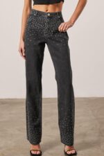 Kedera Womens High Waisted Rhinestone Jeans Straight Wide Leg Bling Denim Pants Black