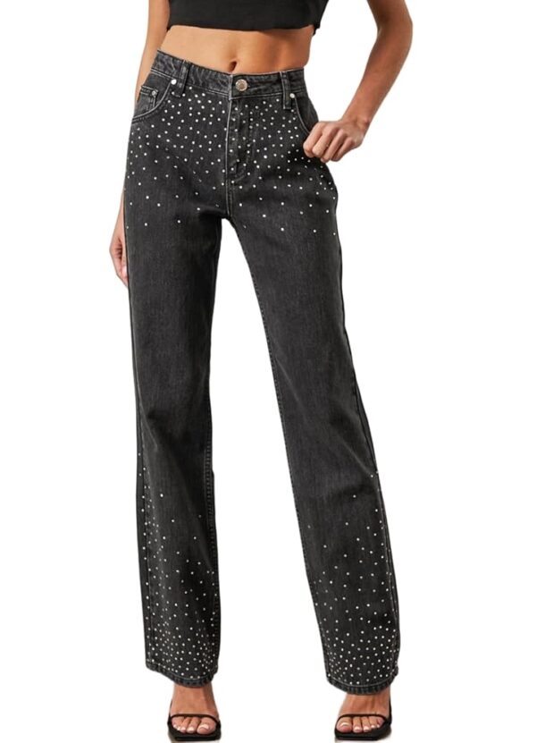 Kedera Womens High Waisted Rhinestone Jeans Straight Wide Leg Bling Denim Pants Black