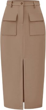 KIRUNDO Women High Waisted Cargo Midi Skirt Trendy Summer Fall Pencil Slit Dressy Casual Business Work Skirts with Pockets