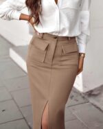 KIRUNDO Women High Waisted Cargo Midi Skirt Trendy Summer Fall Pencil Slit Dressy Casual Business Work Skirts with Pockets