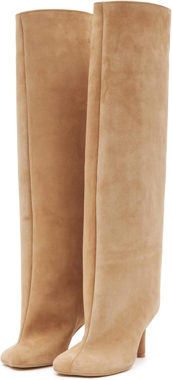 Knee High Boots Wide Calf Women Long Suede Square Toe Bootie Tall Cute Slouchy Fashion Boots Ladies Fall Booties